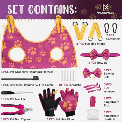 Pet Grooming Hammock for Nail Trimming - Complete Groomers Helper Set for Pet - Dog Grooming Hammock with Hook - Cat Nail Clipper - Dog Hammock for Nail Clipping (L, Purple with Gold Paws)