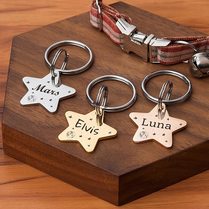Anavia Small Size Dog Cat ID Tags, Small/XS Personalized Color Plated Stainless Steel Puppy Kitten Name Tags, Customized Engraved Nameplate Pet Collar Tag (Rose Gold, Star)