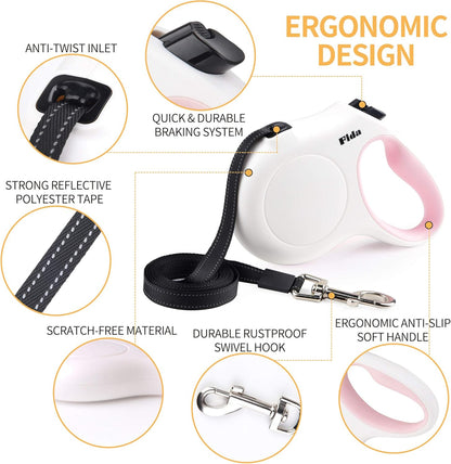 Fida Retractable Dog Leash for Small Breed up to 26 lbs, 16 ft Pet Walking Leash with Dispenser and Poop Bags, Anti-Slip Handle, Reflective Strong Nylon Tape, One-Handed Brake (S, White & Pink)
