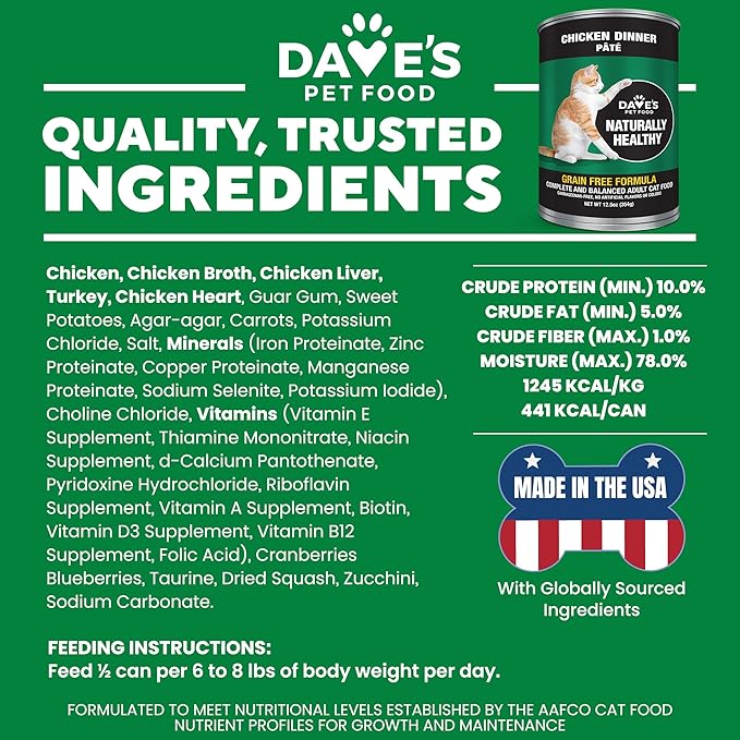 Dave's Pet Food Grain Free Wet Canned Cat Food Pate(Chicken), Made in USA Naturally Healthy, Wheat & Gluten-Free, 12.5 oz Cans (12 Pack)