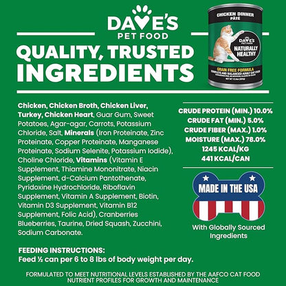 Dave's Pet Food Grain Free Wet Canned Cat Food Pate(Chicken), Made in USA Naturally Healthy, Wheat & Gluten-Free, 12.5 oz Cans (12 Pack)