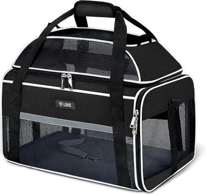 Lekereise Top-Expandable Pet Carrier - TSA Airline Approved Soft Sided Underseat Up to 15lbs Travel Carriers for Small Cats and Dogs with Locking Safety Zippers Anti-Scratch Mesh Black Large