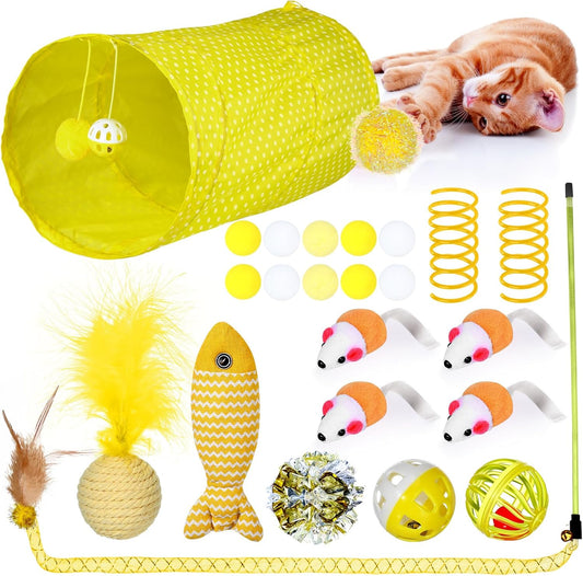 24 Pcs Cat Toys Set Interactive Kitten Toys Pack Including Collapsible Play Tunnel Feather Teaser Wand Fuzzy Ball Springs Pillow Mouse Bells for Indoor Cats Puppy (Yellow,Cute)