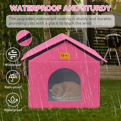 Outdoor Cat House for Shelter Feral Cat, Outside Waterproof Cat House for Outdoor/Indoor Cats, Insulated Cat Bed for All Seasons with Cozy Cushion (Rose Pink, Large Zip Style)