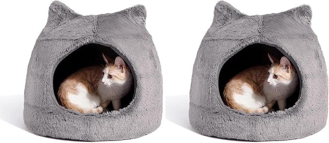 Best Friends by Sheri Meow Hut in Fur Cover Dome Cat and Dog Bed, Gray, Small (Pack of 2)
