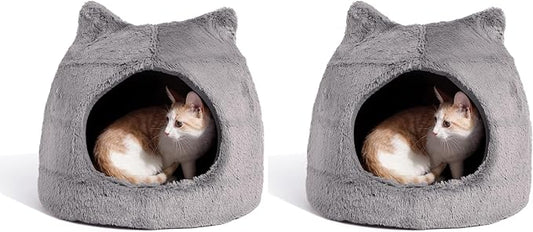 Best Friends by Sheri Meow Hut in Fur Cover Dome Cat and Dog Bed, Gray, Small (Pack of 2)