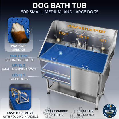 KANIS Professional Dog Washing Station - 304 Stainless Steel Pet Wash Sink & Grooming Bathtub w/Shower, Floor Grates and Storage for Large, Medium & Small Pets (50", Shelf - Right Ramp)
