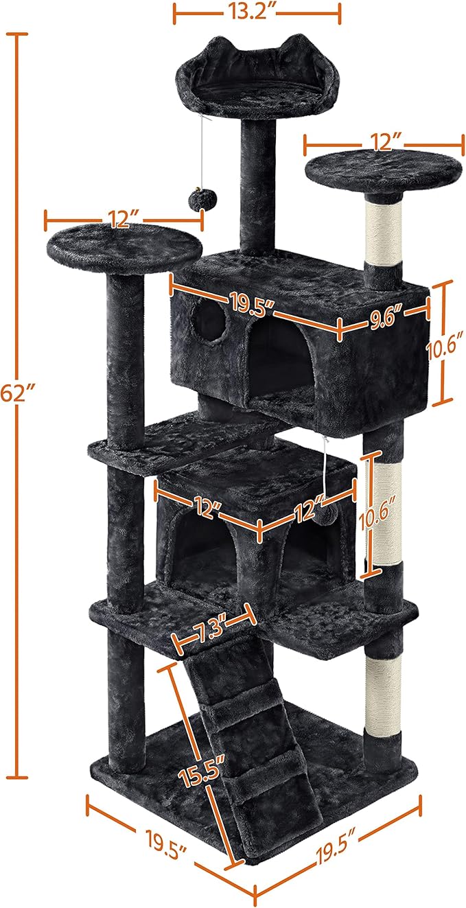 Yaheetech 62in Cat Tree Tower for Indoor Cats, Furniture w/Double Condo, Scratching Posts, Multiple Platforms and Balls for Kittens, Black