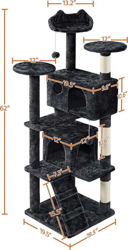Yaheetech 62in Cat Tree Tower for Indoor Cats, Furniture w/Double Condo, Scratching Posts, Multiple Platforms and Balls for Kittens, Black