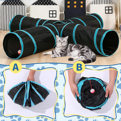 Pet Cat Tunnel, 4-Way Junction Tunnels for Indoor Cats, Collapsible Pet Tunnel for Kitten, Puppy, Rabbit, 25cm-Wide Tunnels, Durable & Breathable, with Peek Hole Toy Ball