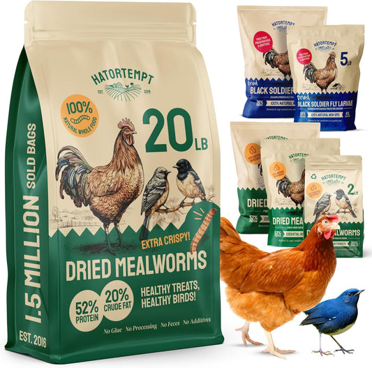 Hatortempt Dried Mealworm Bird Food - 20 Lb Bulk Pack - High Protein Poultry & Chicken Feed - Duck Food & Wild Bird Feed & Quail Treats