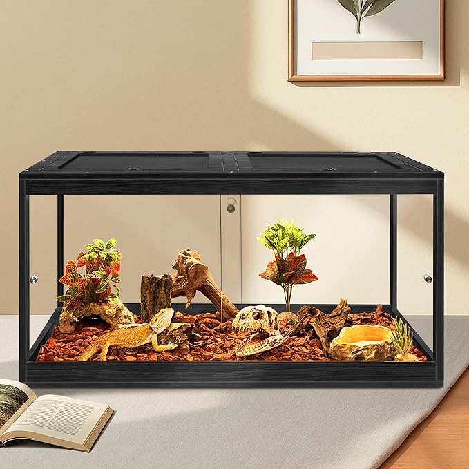PROLEE Bearded Dragon Tank,61 Gallon Reptile Tank with Meatl Mesh Roof and Front Sliding Door, Anti-Scratch Lizard Tank,Spacious Reptile Enclosure for Snakes,Lguanas, Chameleons (Black)