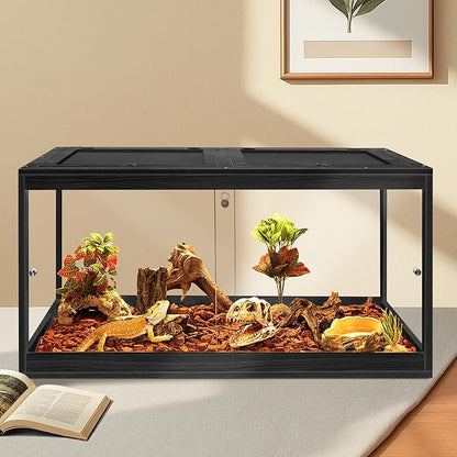 PROLEE Bearded Dragon Tank,61 Gallon Reptile Tank with Meatl Mesh Roof and Front Sliding Door, Anti-Scratch Lizard Tank,Spacious Reptile Enclosure for Snakes,Lguanas, Chameleons (Black)
