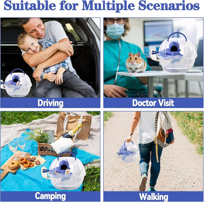 Dwarf Hamster Carrier Cage,Hamster Carrier Portable Hamster Travel Carry Case Breathable 2 Tiers with Silent Exercise Wheels,Water Bottle,Food Dish(Blue)