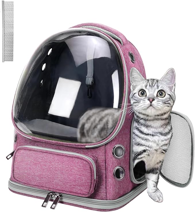 Cat Carrier with Groomer, Breathable Cat Bubble Carrier for Cats or Small Dogs up to 20 lbs, Collapsible Airline Approved, Clear Cat Travel Backpack (Pink)