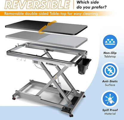 KANIS Professional Electric Dog Grooming Table - Heavy Duty, Height Adjustable Pet Grooming Table w/Leveling Wheels, Grooming Arm, Anti Slip Tabletop & Tool Organizer/Dog Grooming Station (49", Grey)