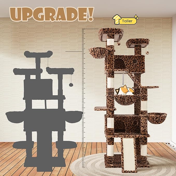 SHA CERLIN 81in Multi-Level Tall Cat Tree Tower for Indoor Kitties/Larger Cat Condo Furniture with Hammock/Cozy Pussycat Perches/Sisal Scratching Posts/Pet House/Wide Base/Leopard Print