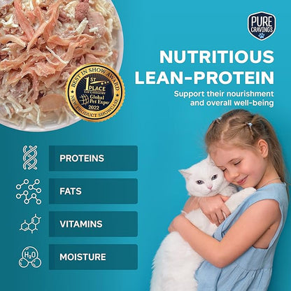 Pure Cravings Chicken and Beef Recipe in Broth, Shredded Wet Cat Food, Grain-Free Protein, Non-GMO, 12 Pack