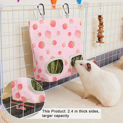 Glittme 2 Pack Guinea Pig Hay Feeder, 11.5x9 Inch Hay Bag for Rabbits, Hanging Hay Holder for Guinea Pigs Cage Hay Feeder for Bunny, Small Pets,Pink Strawberry