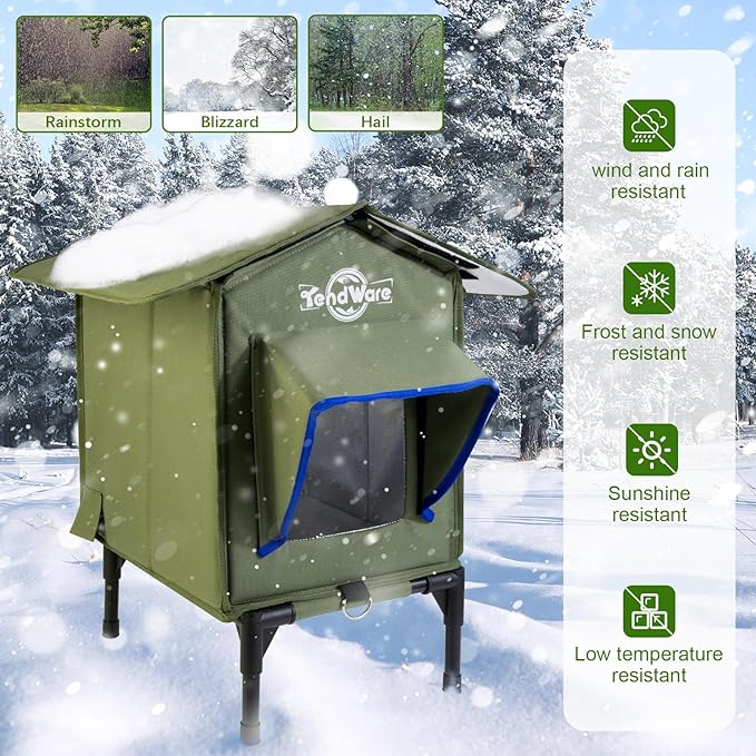 Heated Cat House for Outside Outdoor Cat House with Elevated Base Cat-Attracting Eave Design Feral Stray Shelter Weatherproof in Winter Garage Yard Porch Size S