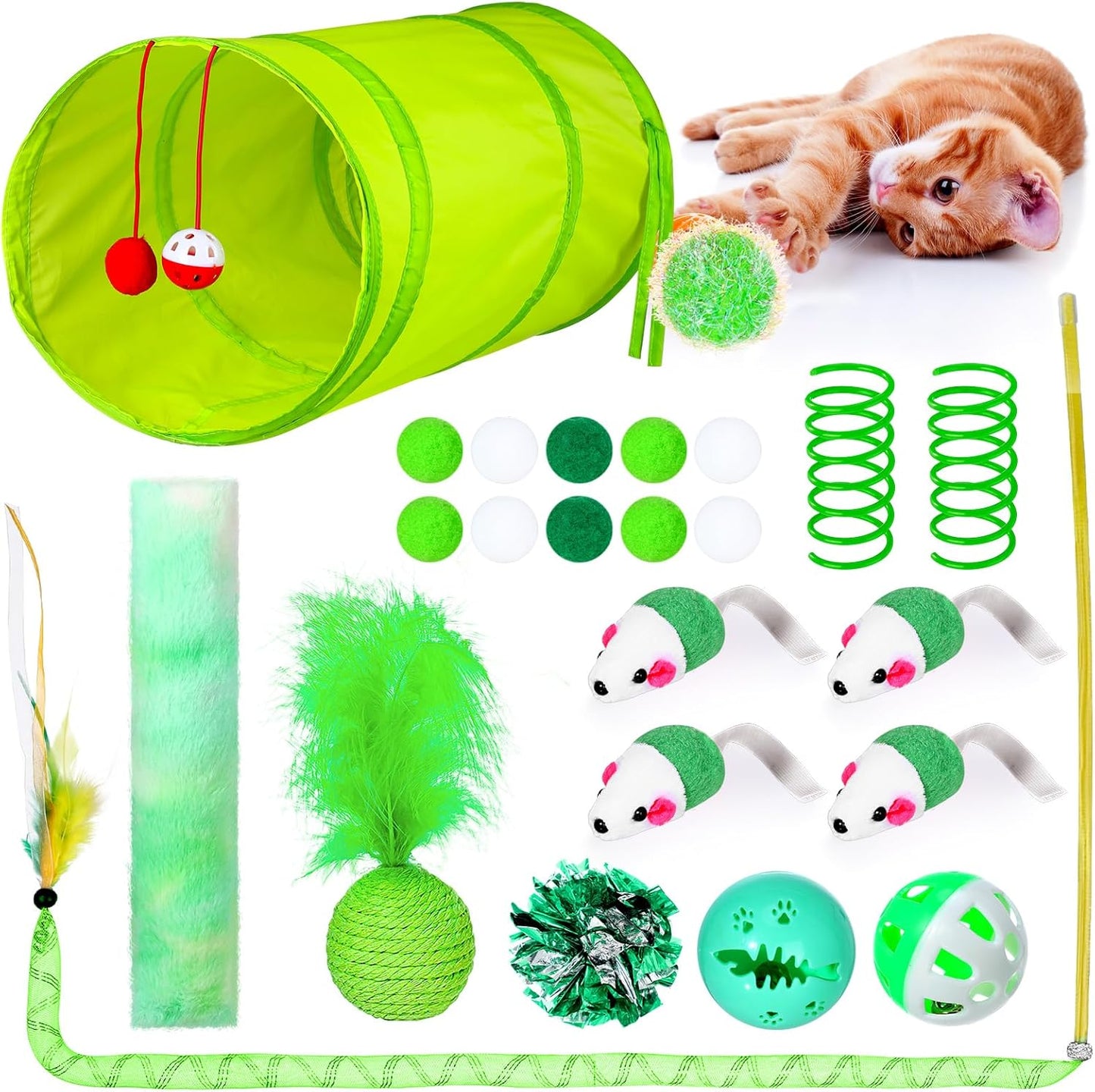 24 Pcs Cat Toys Set Interactive Kitten Toys Pack Including Collapsible Play Tunnel Feather Teaser Wand Fuzzy Ball Springs Pillow Mouse Bells for Indoor Cats Puppy (Green)