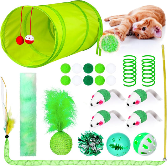 24 Pcs Cat Toys Set Interactive Kitten Toys Pack Including Collapsible Play Tunnel Feather Teaser Wand Fuzzy Ball Springs Pillow Mouse Bells for Indoor Cats Puppy (Green)