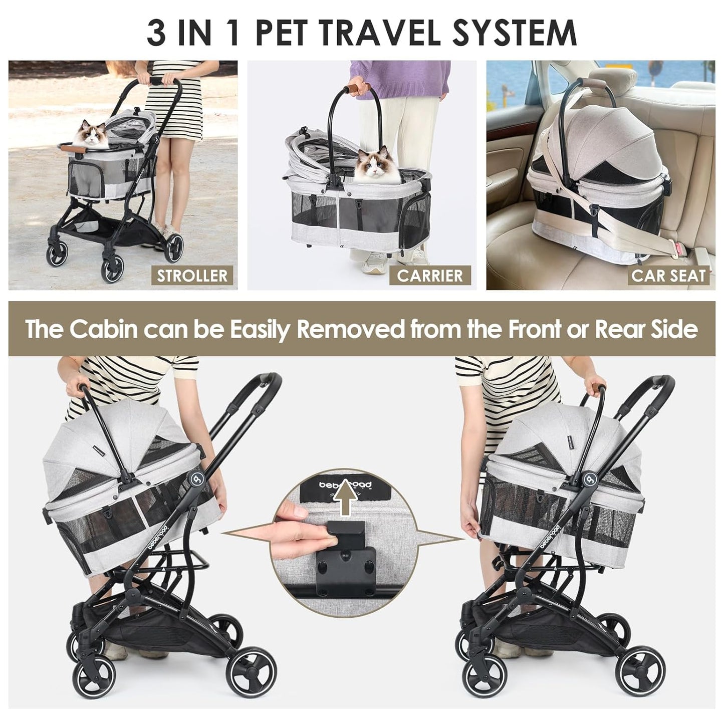 T3 3 in 1 Small Pet Stroller for Dogs & Cats, 4 Wheels for Dogs with Detachable Carrier with Pad, Canopy and Cup Holder, Grey