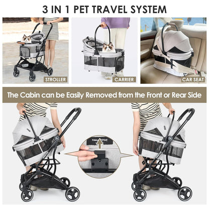 T3 3 in 1 Small Pet Stroller for Dogs & Cats, 4 Wheels for Dogs with Detachable Carrier with Pad, Canopy and Cup Holder, Grey