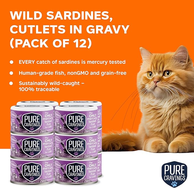 Pure Cravings Wet Cat Food Canned Sardines Cutlets in Gravy, Every Catch is Mercury-Tested, Moist Can Fish for Cats, Grain-Free, Protein, Non-GMO, Pack of 12