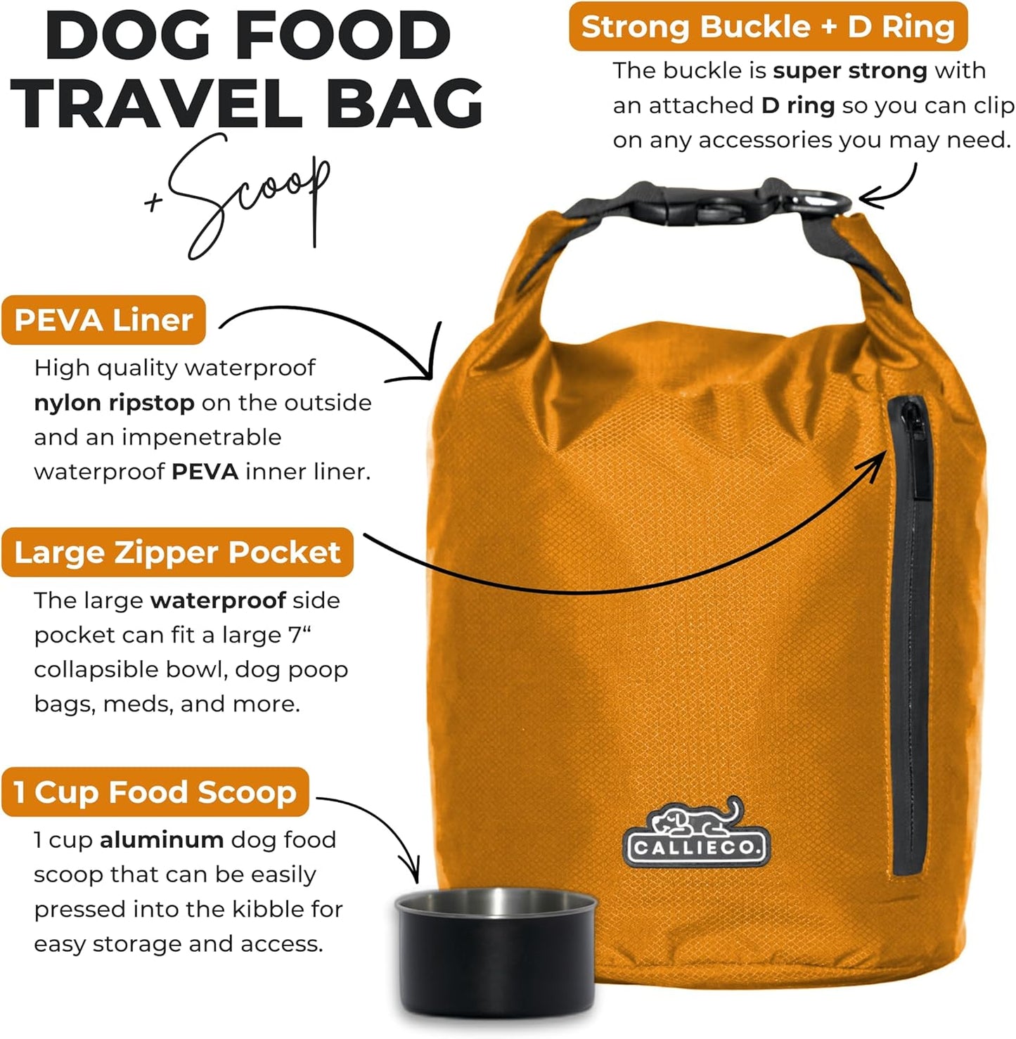 Callieco Dog Food Travel Bag w/ 1 Cup Scoop and Zipper Side Pocket | Waterproof Kibble Storage Container for Home, Road Trips, Camping, Boarding and More (Orange, 32 Cups)
