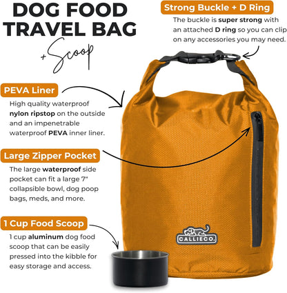Callieco Dog Food Travel Bag w/ 1 Cup Scoop and Zipper Side Pocket | Waterproof Kibble Storage Container for Home, Road Trips, Camping, Boarding and More (Orange, 32 Cups)