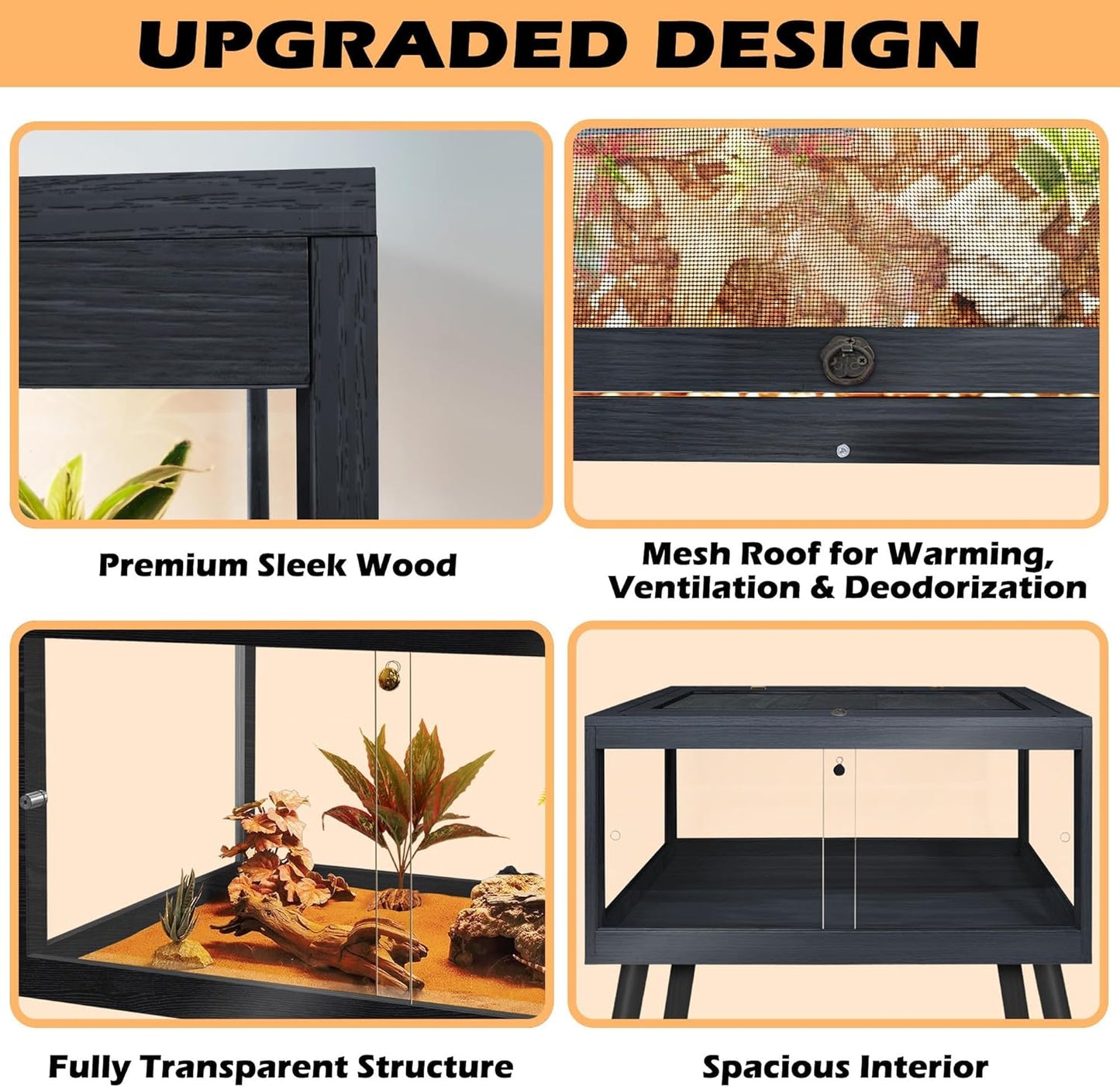 Bearded Dragon Tank with Legs Up to 77 Gallons, Tortoise Habitat with Metal Mesh Top, Reptile Enclosure Lockable Design, Snake Tank (Black, 62 Gallon, 40" L x 20" W x 47.6" H)