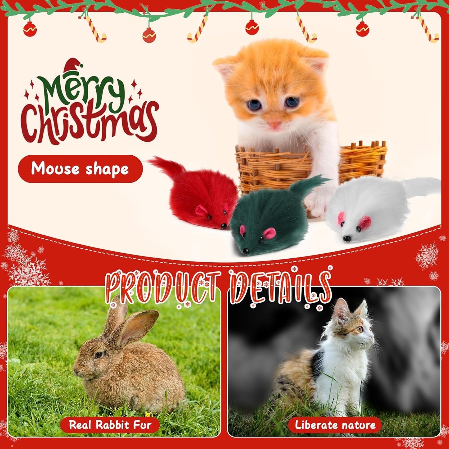 Hungdao 60 Pcs Furry Mice Interactive Catch Play Rabbit Fur Mouse Cat Toy Rattle Sound Rat Plush for PET Cats and Kittens, 3 Colors (White, Green, Red)