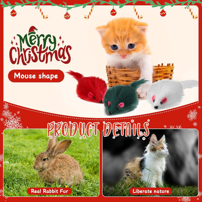 Hungdao 60 Pcs Furry Mice Interactive Catch Play Rabbit Fur Mouse Cat Toy Rattle Sound Rat Plush for PET Cats and Kittens, 3 Colors (White, Green, Red)