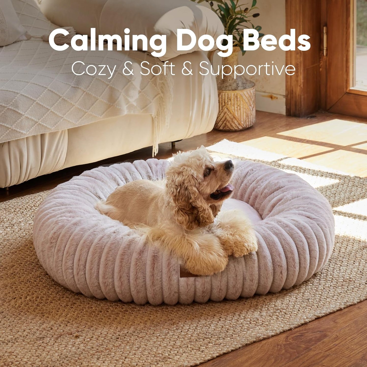 FUKUMARU Dog Bed, Calming Donut Dog Beds for Anxious Dogs, Modern Aesthetic Cat Bed with Gradient Print, Cute Round Pet Beds with Washable Cover, Orthopedic Puppy Bed, Pink, Medium, 30 inches