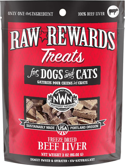 Northwest Naturals Raw Rewards Freeze-Dried Beef Liver Treats for Dogs and Cats - Bite-Sized Pieces - Healthy, 1 Ingredient, Human Grade Pet Food, All Natural, Proudly Made in USA, 3 Oz