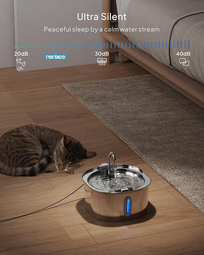 PEKTACO Stainless Steel Cat Water Fountain, 3.2L/108oz Cat Water Dispenser with Quiet Water Pump and Water-Level Window, Dishwasher Safe Pet Drinking Fountain for Cats with 6 Filters + 6 Sponges