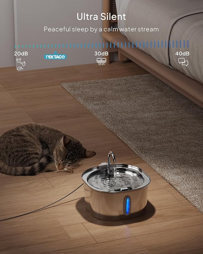 PEKTACO Stainless Steel Cat Water Fountain, 3.2L/108oz Cat Water Dispenser with Quiet Water Pump and Water-Level Window, Dishwasher Safe Pet Drinking Fountain for Cats with 3 Filters + 3 Sponges