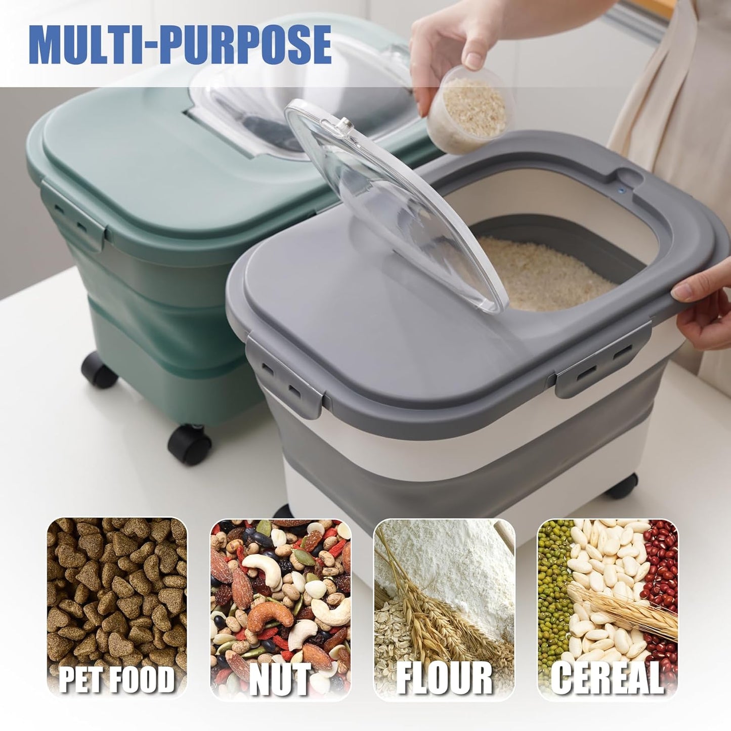 Collapsible Dog Food Storage Container, Airtight 30 35 Lbs Rice Cereal Flour Sugar Kitchen Accessories Bin Bucket, 20 25 Lbs Dog Cat Pet Holder Gift Travel Essentials Must Haves Gear Stuff Necessities