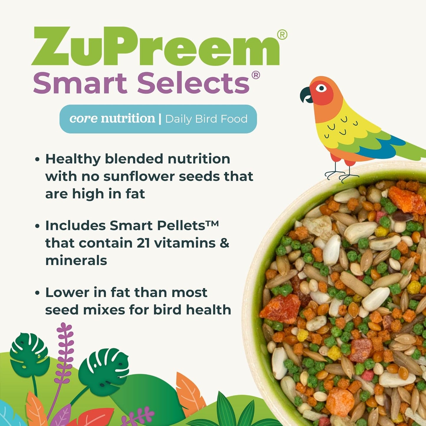ZuPreem Smart Selects Daily Bird Food for Parakeet, Budgie, Parrotlet, Dove, Bird Pellets and Seed Blend, Core Nutrition for Small Birds, Made in USA, Parakeet Food, Budgie Food (S, 2 lb) (Pack of 2)