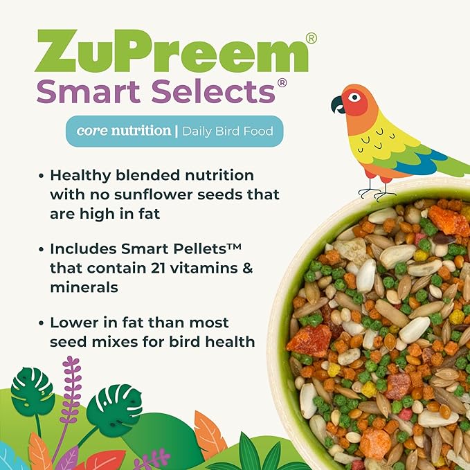 ZuPreem Smart Selects Pellets & Seed Blend, Daily Food for Cockatiel, Lovebird, Quaker, Conure, Lorikeet, Core Nutrition Food for Medium Birds, Essential Vitamins, Conure Feed (M, 2.5 lbs)