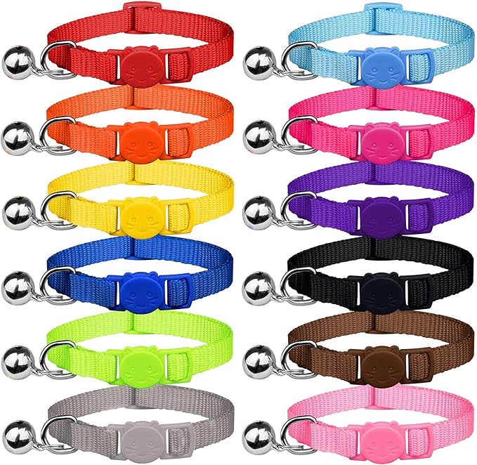 12 PCS Breakaway Cat Collars with Bell Colorful Soft Safety Buckle Cat Collars Adjustable Breakaway Kitten Collars Safety Collars for Cats (12 Colors)