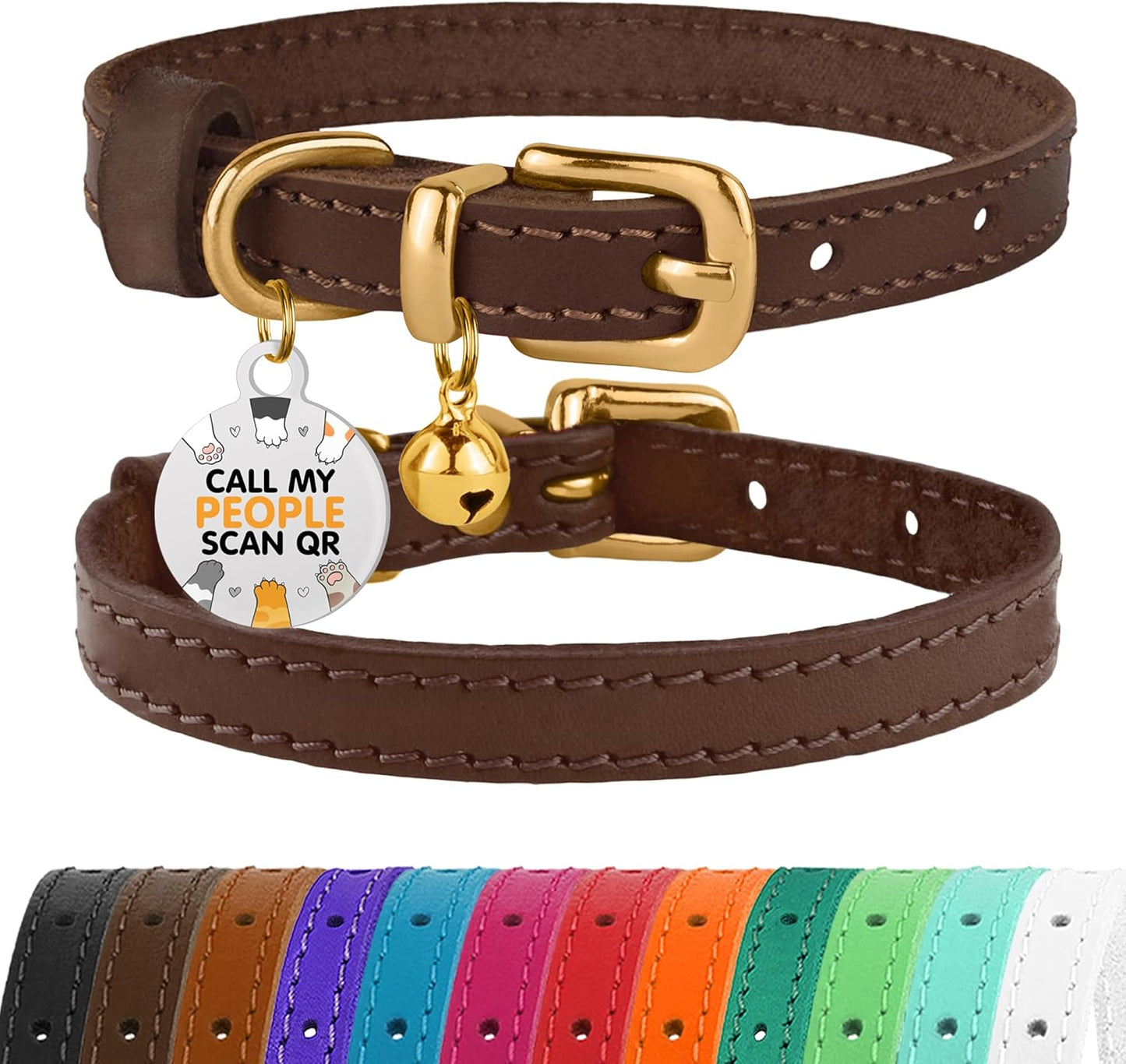 BRONZEDOG Leather Cat Collar with Removable Bells Non Breakaway Kitten QR Tag for Girl Boy (9" - 12" Cats/Mini Dogs, Dark Brown & Gold)