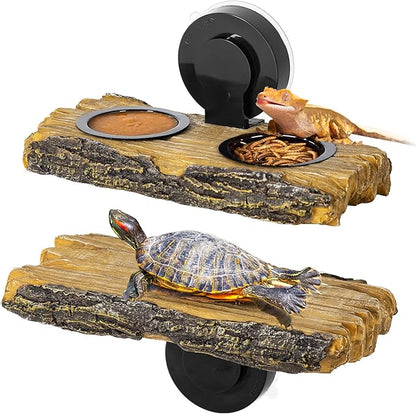 2 in 1 Reptile Feeding Ledge & Turtle Basking Platform, Resin Suction Cup Feeder with 4PCS Cups, Terrarium Water Bowl Food Dish - Tank Accessories for Crested Gecko Lizards & Aquatic Turtles