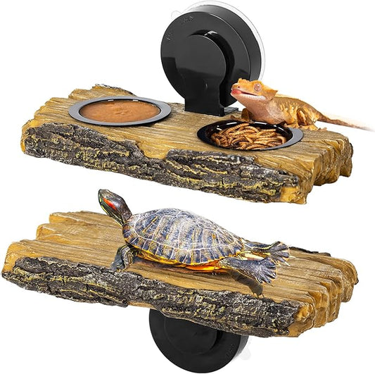 2 in 1 Reptile Feeding Ledge & Turtle Basking Platform, Resin Suction Cup Feeder with 4PCS Cups, Terrarium Water Bowl Food Dish - Tank Accessories for Crested Gecko Lizards & Aquatic Turtles