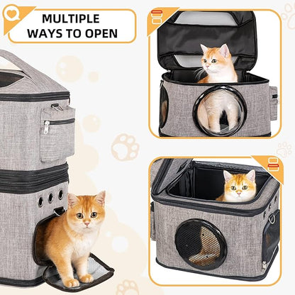 Detachable Double Cat Backpack Carrier for 2 Cats | Transparent & Foldable Dog Carrier Backpack for Cats and Small Dogs Up to 32 Lbs | Large Space & Breathable Cat Travel Carrier for Traveling, Grey