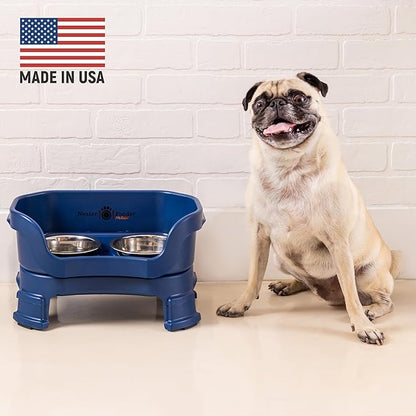 Neater Feeder Deluxe Mess Proof Dog Bowls Elevated for Small Breeds – Made in USA – No Spill Raised Dog Food Bowl Stand w/Leg Extensions – Stainless Steel Food and Water Bowl Set – Dark Blue