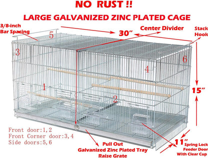 Large No Rust Stainless Galvanized Zinc Stackable Breeder Bird Flight Cage Side Breeding Nest Door with Removable Divider 30"x11"x15"H