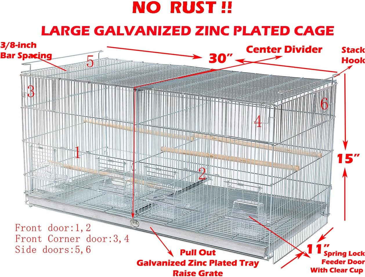 Combo: Large NO Rust Stainless Galvanized Stack and Lock Double Breeder Cage Bird Breeding Cage with Removable Center Divider Side Nest Box Doors Removabel Rolling Stand