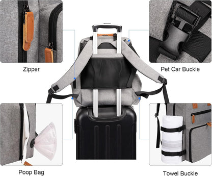 Modoker Dog Travel Bag - Airline Approved Backpack for Pet Accessories Organizer, Tote Weekend Bag with 2 Dog Food Containers, 2 Collapsible Bowls, 1 Pet Mat, Grey